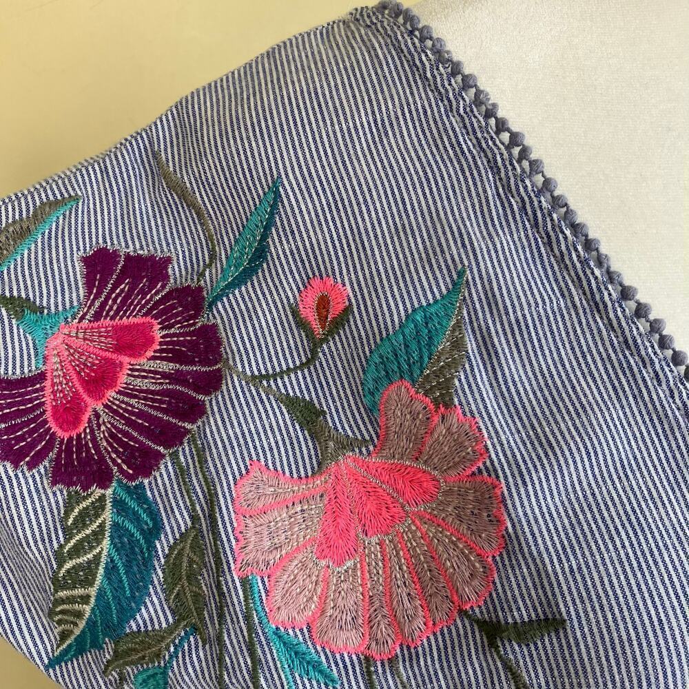 See And Be Seen Sz L Floral Embroidered Maxi Dress Striped Smocked Waist Beachy - Picture 16 of 16